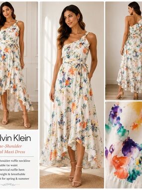 Calvin Klein One-Shoulder Floral Maxi Dress - White Multi